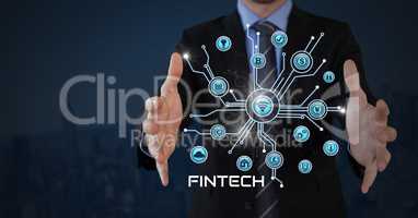 Businessman with hands palm open and Fintech with various business icons interface