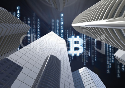 Bitcoin icon and binary code lines in sky above 3D city buildings