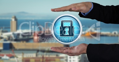 Security lock icon and Businessman with hands palm open in city port harbor