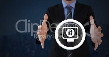 Businessman with hands palm open and security lock icon on computer