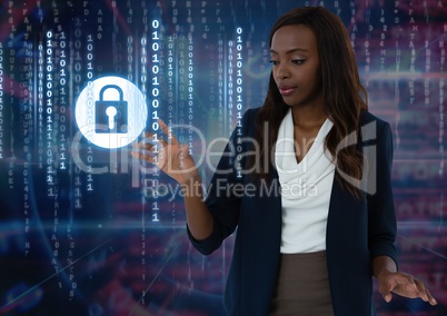 Businesswoman touching security lock icon