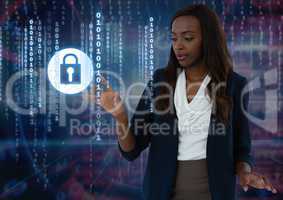 Businesswoman touching security lock icon