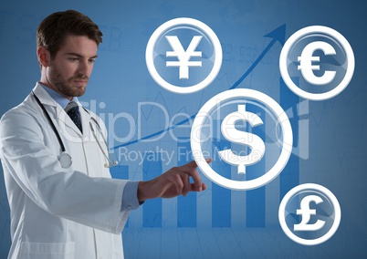 Doctor touching international money currency graphic icons