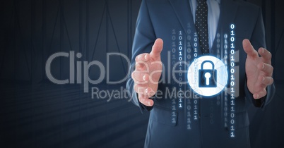 Businessman with hands palm open and security lock icon with code