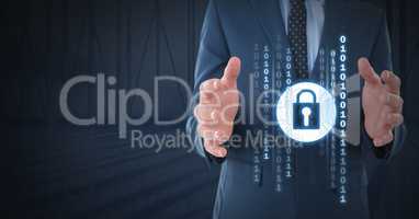 Businessman with hands palm open and security lock icon with code