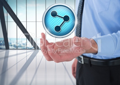 Connect icon and Businessman with hand palm open in city office
