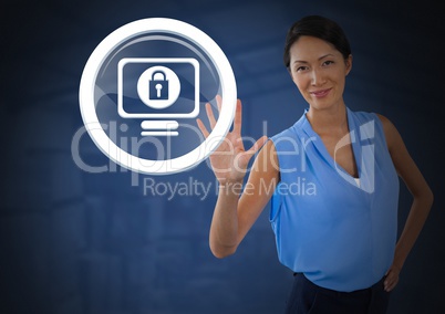 Businesswoman holding hand open security lock icon