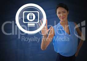 Businesswoman holding hand open security lock icon