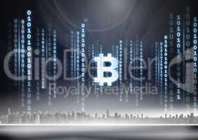 Bitcoin icon and binary code lines above city