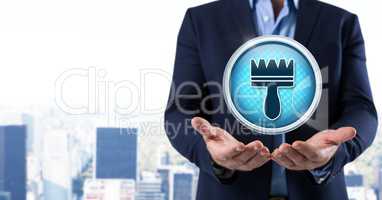 Clean brush icon and Businessman with hands palm open in city