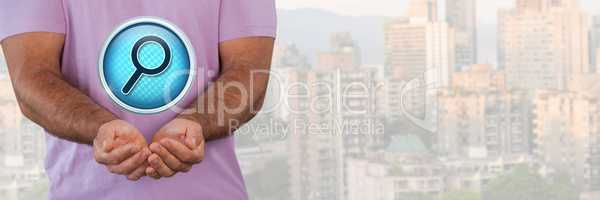 Magnifying glass search icon and man with hands palm open in city