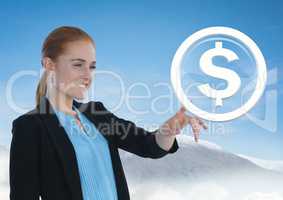 Businesswoman touching dollar graphic icon