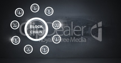 Blockchain icons and city background