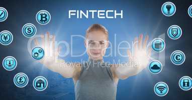 Businesswoman touching Fintech with various business icons