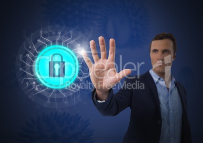 Businessman touching security lock icon