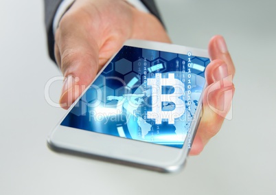 Bitcoin icon on phone in hand