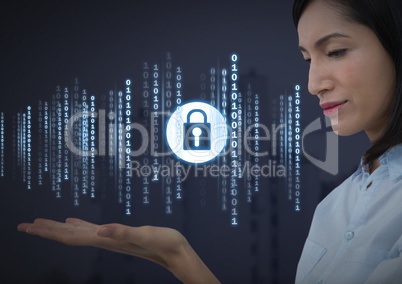 Businesswoman with hands palm open and security lock icon with code