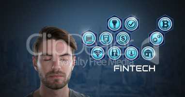Man with eyes closed and Fintech with various business icons