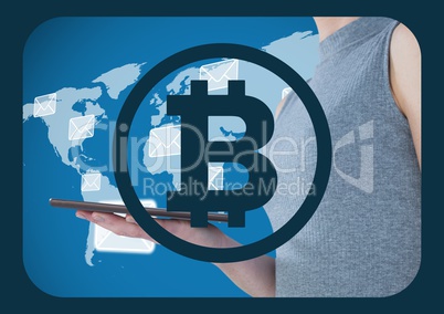 Bitcoin icon and woman holding tablet over world map