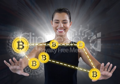 Businesswoman touching bitcoin graphic icons