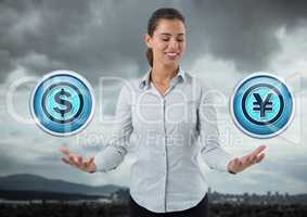 Dollar and Yen icons and Businesswoman with hands palm open in city landscape and sky