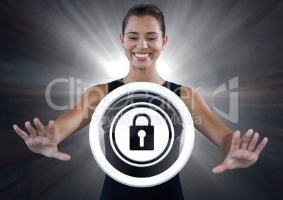 Businesswoman reaching security lock icon