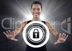 Businesswoman reaching security lock icon