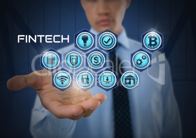 Businessman with hands palm open and Fintech with various business icons