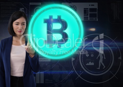 Businesswoman touching bitcoin graphic icon