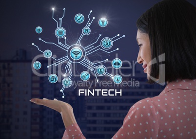 Businesswoman with hands palm open and Fintech with various business icons interface