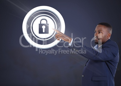 Businessman pointing security lock icon