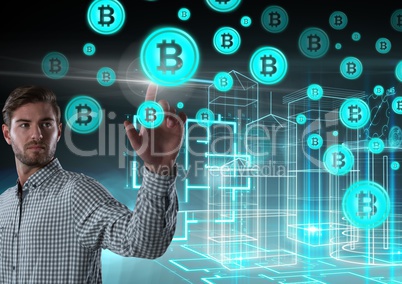 Businessman touching bitcoin graphic icons