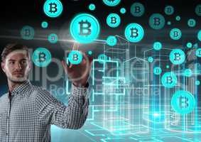 Businessman touching bitcoin graphic icons
