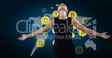 Businesswoman with bitcoin graphic icons on world map