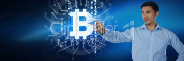 Businessman pointing touching bitcoin graphic icon