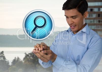 Magnifying glass search icon and Businessman with hands palm together in city