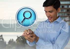 Magnifying glass search icon and Businessman with hands palm together in city