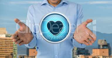 Heart love icon and Businessman with hands palm open in city