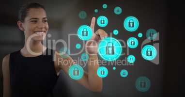 Businesswoman touching security lock icons