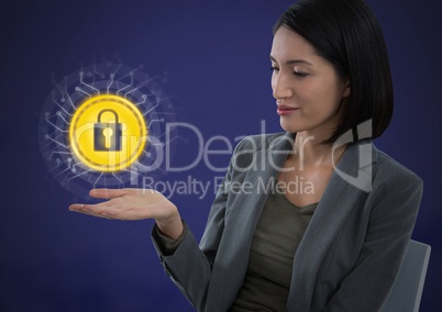 Businesswoman with hands palm open to security lock icon