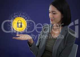 Businesswoman with hands palm open to security lock icon