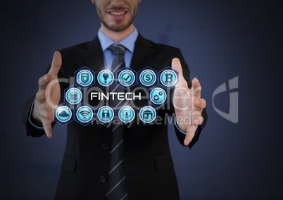 Businessman with hands palm open and Fintech with various business icons