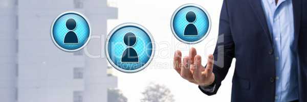 Profile contact icons and Businessman with hand palm open in city