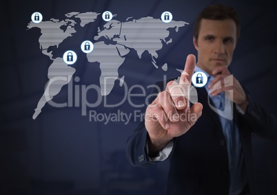 Businessman touching security lock icons on map