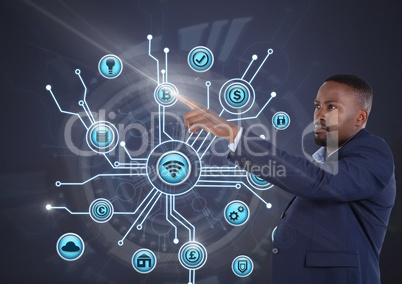 Businessman touching various business icons interface