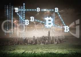 bitcoin graphic icons connecting over city with binary codes