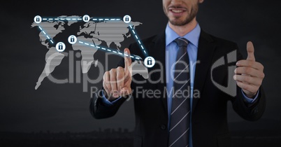 Businessman touching security lock icons connecting on map