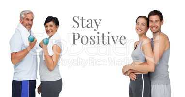 Stay positive text and fitness couples