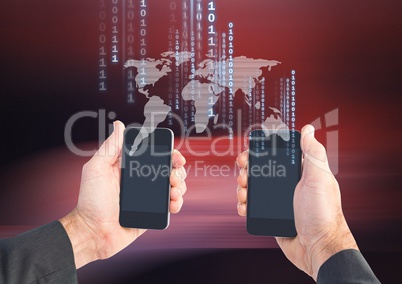 Bitcoin icons on world map and hands holding two phones