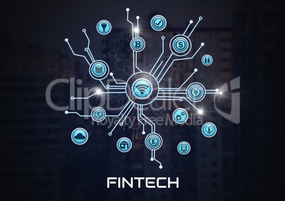 Fintech with various business icons interface in city